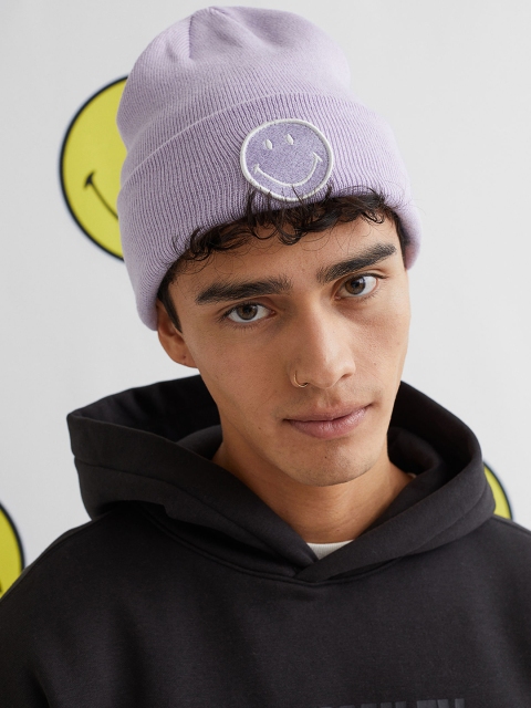 

H&M Men Purple Fine-Knit Embroidered Detail Hat