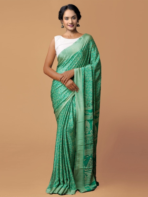 

Unnati Silks Green & Beige Ethnic Motifs Patola Saree