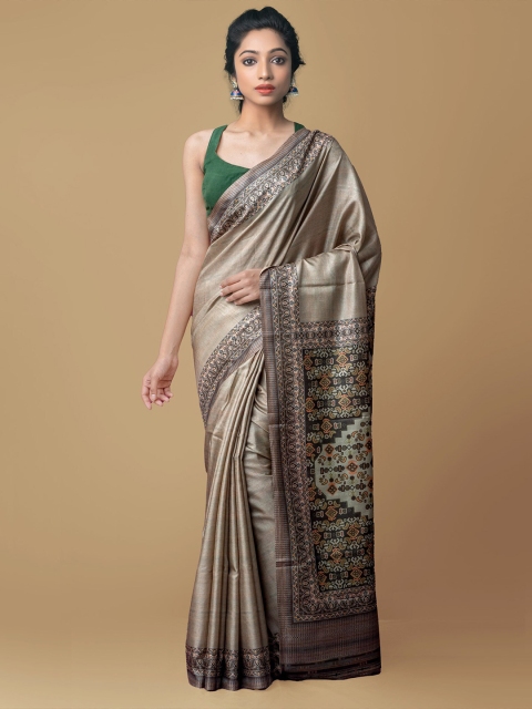 

Unnati Silks Taupe & Orange Ethnic Motifs Block Print Saree