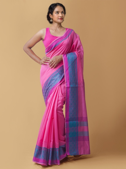 

Unnati Silks Pink & Blue Silk Blend Baluchari Saree