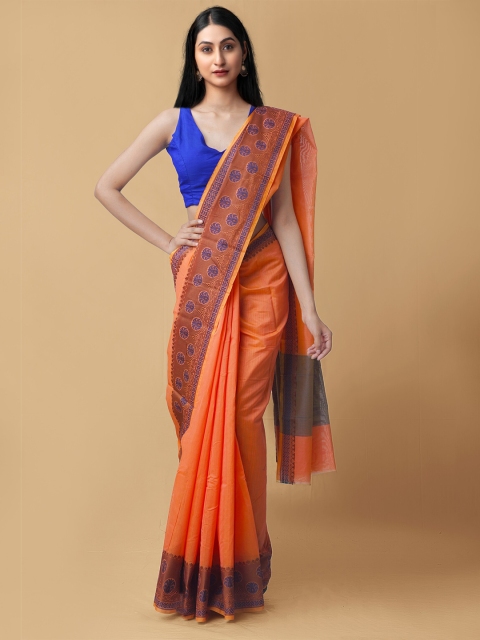 

Unnati Silks Orange & Blue Woven Design Silk Blend Baluchari Saree
