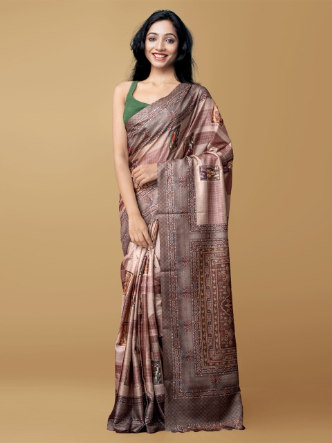 

Unnati Silks Brown & Pink Digital Printed Block Print Saree