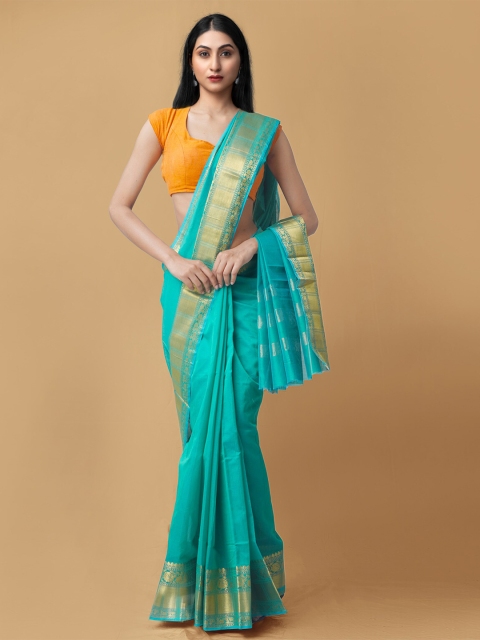 

Unnati Silks Green & Gold-Toned Woven Design Zari Silk Blend Baluchari Saree