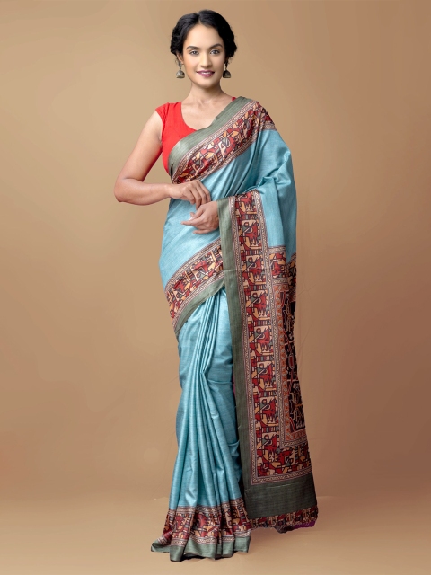 

Unnati Silks Blue & Red Ethnic Motifs Block Print Saree