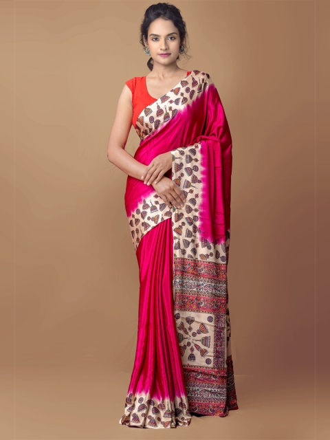 

Unnati Silks Pink & Off White Kalamkari Crepe Silk Saree