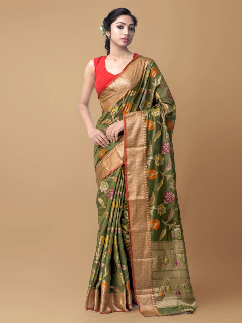 

Unnati Silks Green & Orange Floral Zari Silk Cotton Jamdani Saree