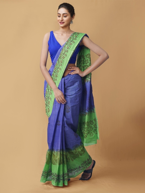 

Unnati Silks Blue & Green Floral Printed Block Print Saree