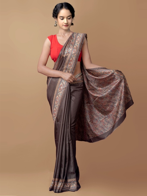 

Unnati Silks Brown & Blue Block Print Saree