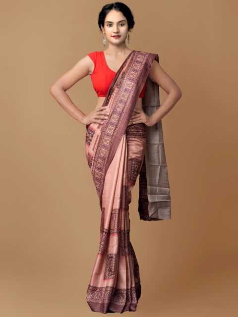 

Unnati Silks Pink & Blue Ethnic Motifs Block Print Saree