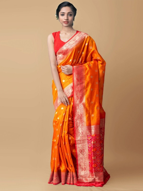 

Unnati Silks Orange & Red Floral Zari Silk Blend Banarasi Saree