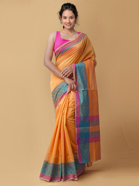 

Unnati Silks Orange & Blue Silk Blend Baluchari Saree