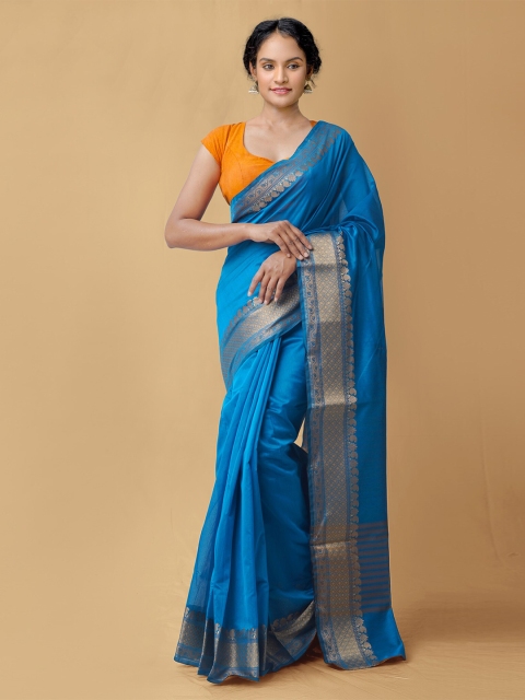 

Unnati Silks Blue & Gold Zari Silk Blend Baluchari Saree