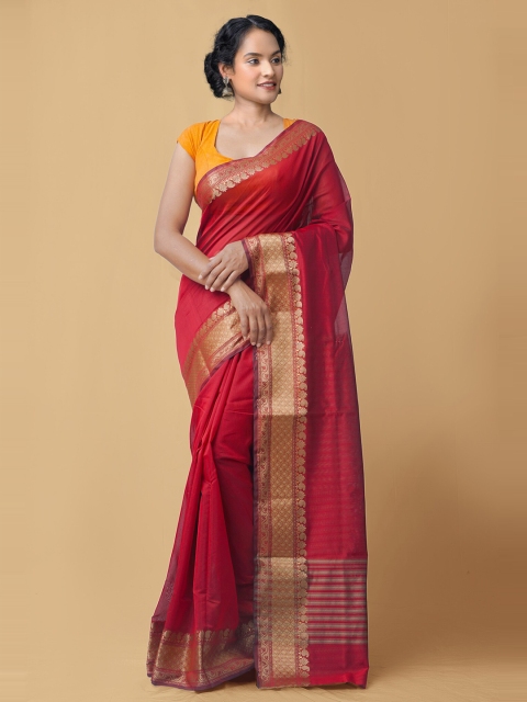 

Unnati Silks Maroon & Gold-Toned Woven Design Zari Silk Blend Baluchari Saree