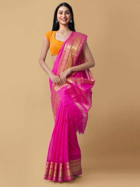 

Unnati Silks Pink & Gold-Toned Woven Design Zari Silk Blend Baluchari Saree