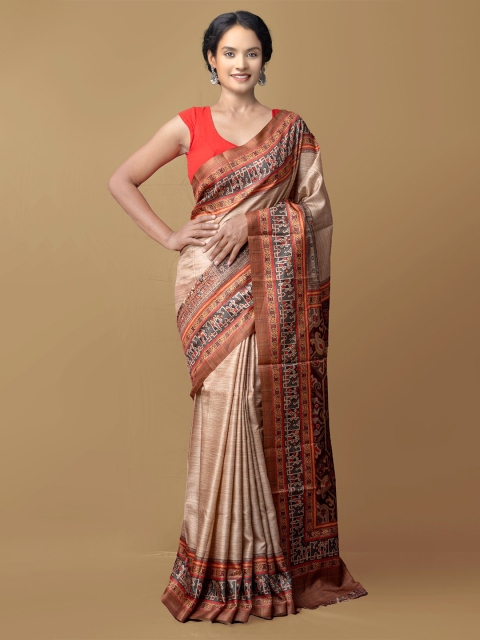 

Unnati Silks Brown & Red Block Print Saree