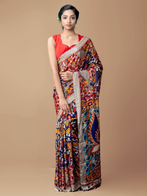 

Unnati Silks Blue & Red Kalamkari Printed Kanjeevaram Saree