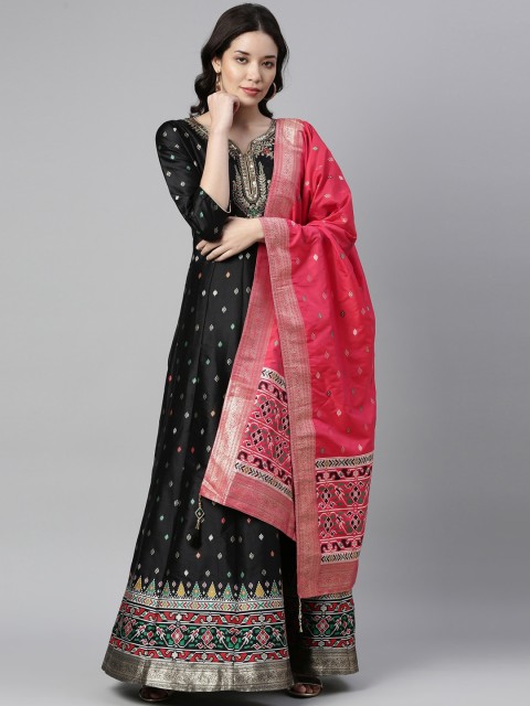 

Neerus Women Black Ethnic Motifs Printed Kurta with Trousers & With Dupatta