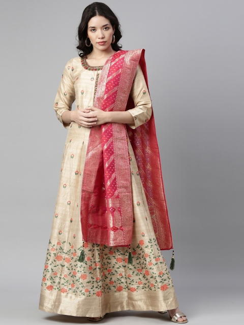 

Neerus Women Beige Ethnic Motifs Embroidered Layered Beads and Stones Kurta with Trousers & With Dupatta