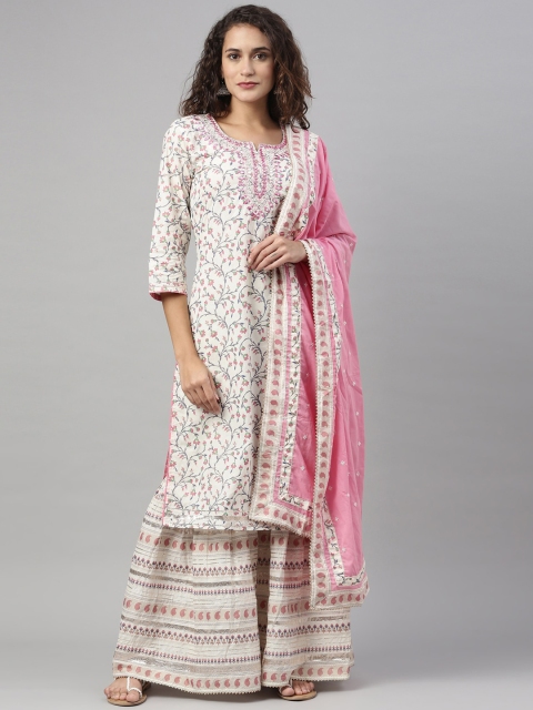 

Neerus Women Cream-Coloured & Pink Floral Printed Kurta With Sharara & Dupatta