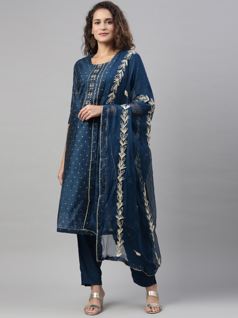 

Neerus Women Navy Blue Embroidered Chanderi Cotton Kurta with Trousers & With Dupatta