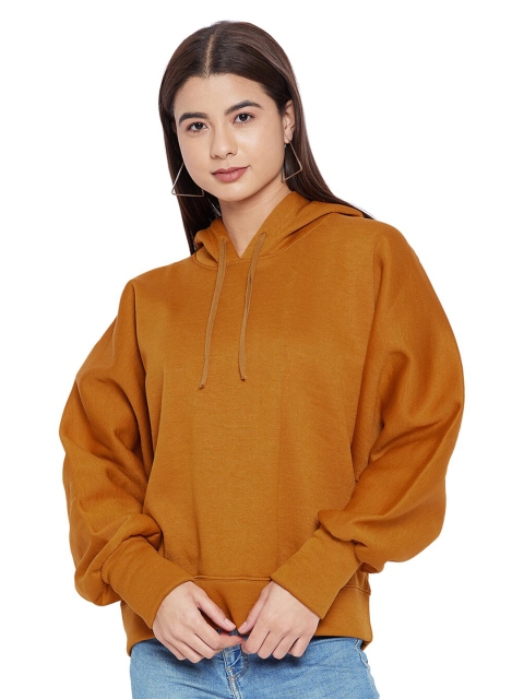 

STALK Women Mustard Brown Solid Hooded Sweatshirt