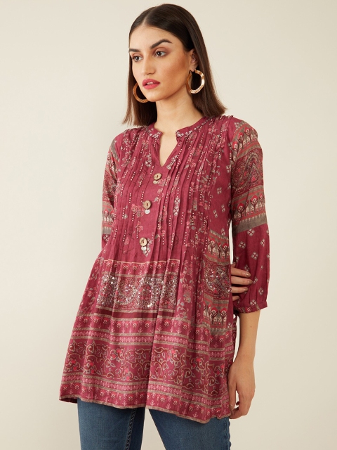 

Soch Maroon & White Viscose Rayon Mandarin Collar Printed Tunic
