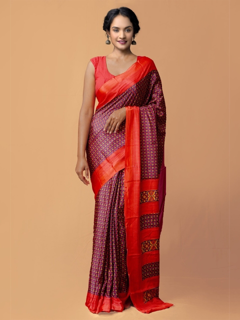 

Unnati Silks Violet & Red Ethnic Motifs Patola Saree