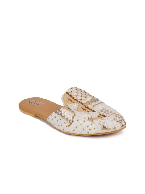 

The Desi Dulhan Women White Embellished Leather Ethnic Mules Flats