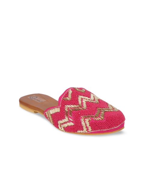

The Desi Dulhan Women Pink Embellished Leather Party Mules with Embroidered Flats