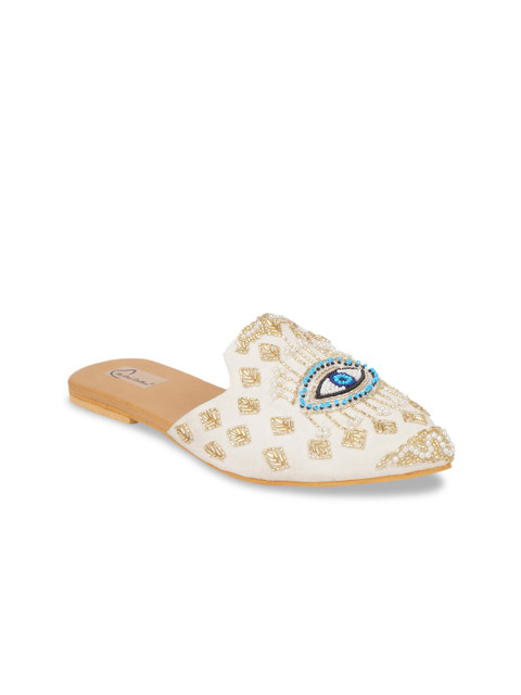 

The Desi Dulhan Women White Embellished Leather Party Mules Flats