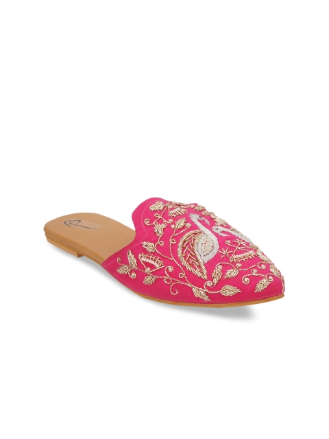

The Desi Dulhan Woman Pink Embroidered Leather Mules Flats