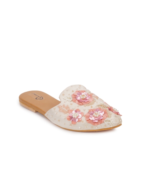 

The Desi Dulhan Women White Embellished Leather Party Mules with Embroidered Flats