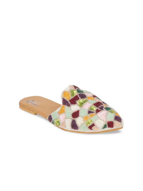 

The Desi Dulhan Women White Embellished Leather Ethnic Mules Flats