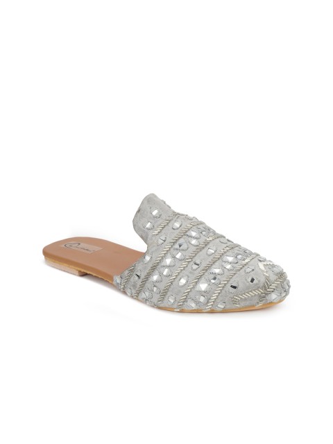 

The Desi Dulhan Women Grey Embellished Leather Party Mules Flats