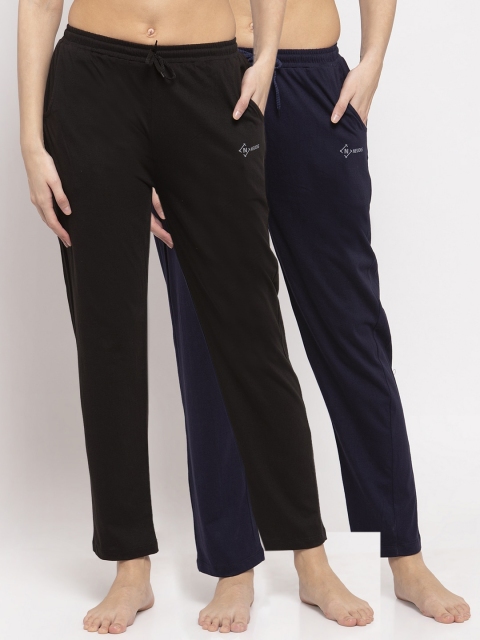 

NEUDIS Women Pack Of 2 Solid Cotton Slim Lounge Pants, Navy blue