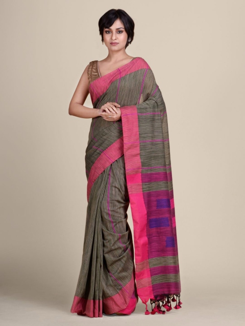 

Charukriti Grey & Pink Striped Pure Cotton Saree