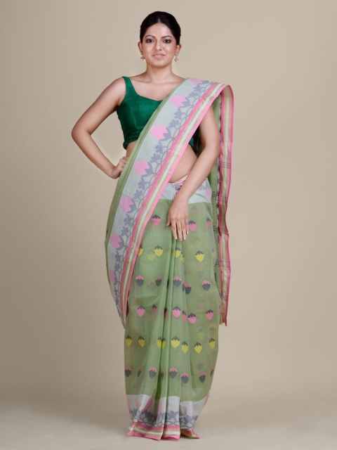 

Charukriti Green & Pink Woven Design Pure Cotton Taant Saree