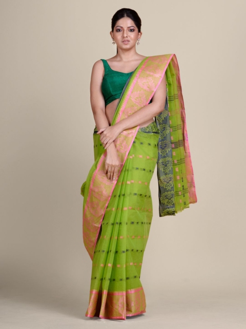 

Charukriti Green & Pink Woven Design Pure Cotton Taant Saree