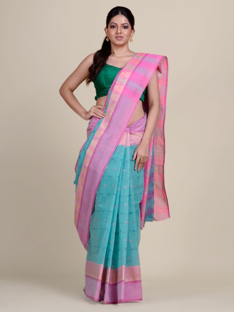 

Charukriti Blue & Pink Woven Design Pure Cotton Taant Saree