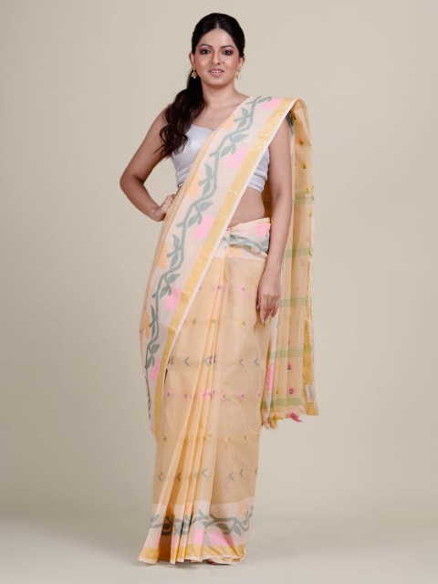 

Charukriti Beige & Pink Pure Cotton Taant Saree