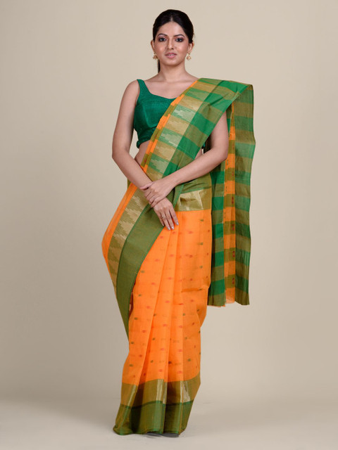 

Charukriti Orange & Green Pure Cotton Taant Saree