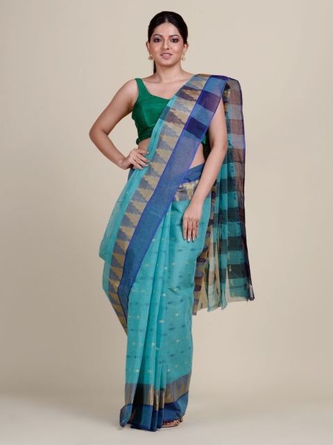 

Charukriti Blue & Gold-Toned Pure Cotton Taant Saree