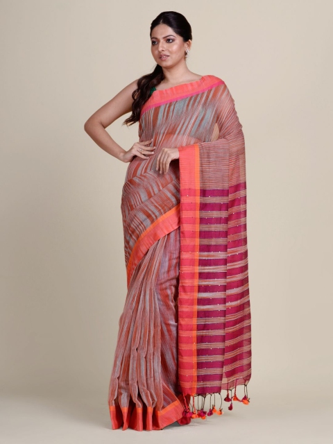 

Charukriti Orange & Magenta Striped Pure Cotton Saree