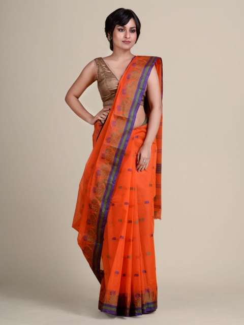 

Charukriti Orange & Purple Woven Design Pure Cotton Taant Saree