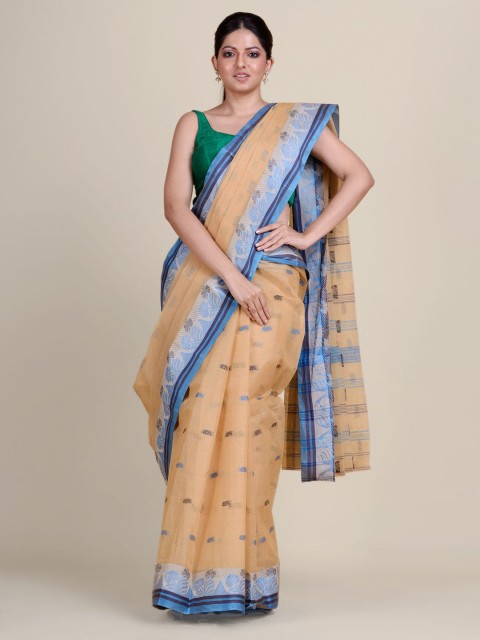 

Charukriti Beige & Blue Ethnic Motifs Pure Cotton Taant Saree