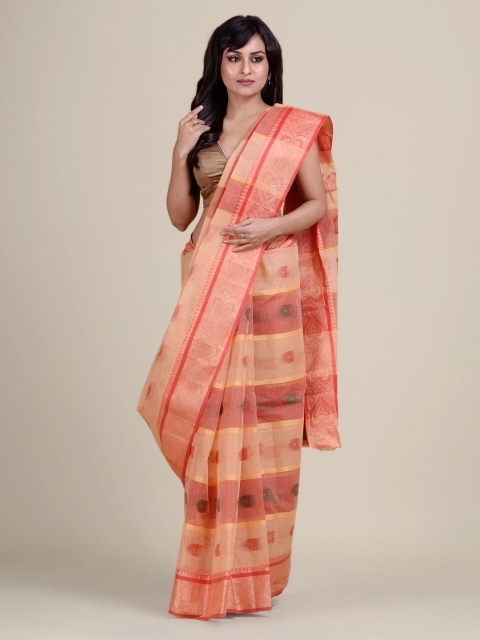 

Charukriti Red & Beige Pure Cotton Taant Saree