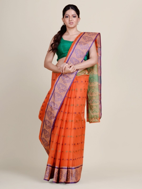 

Charukriti Orange & Green Ethnic Motifs Pure Cotton Taant Saree