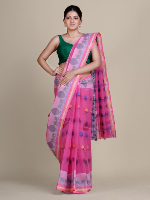 

Charukriti Pink & Blue Woven Design Pure Cotton Taant Saree