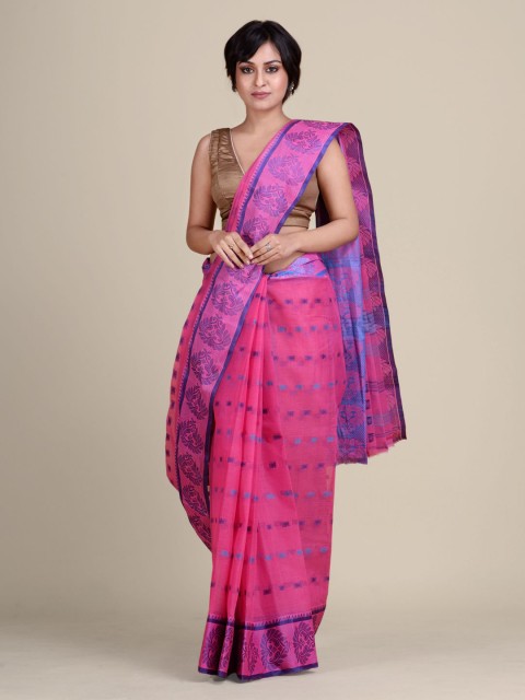 

Charukriti Magenta & Blue Woven Design Pure Cotton Taant Saree
