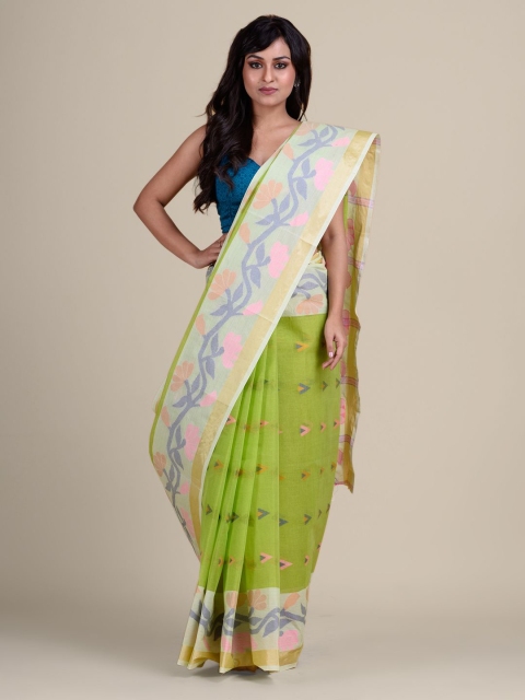 

Charukriti Green & White Woven Design Pure Cotton Taant Saree